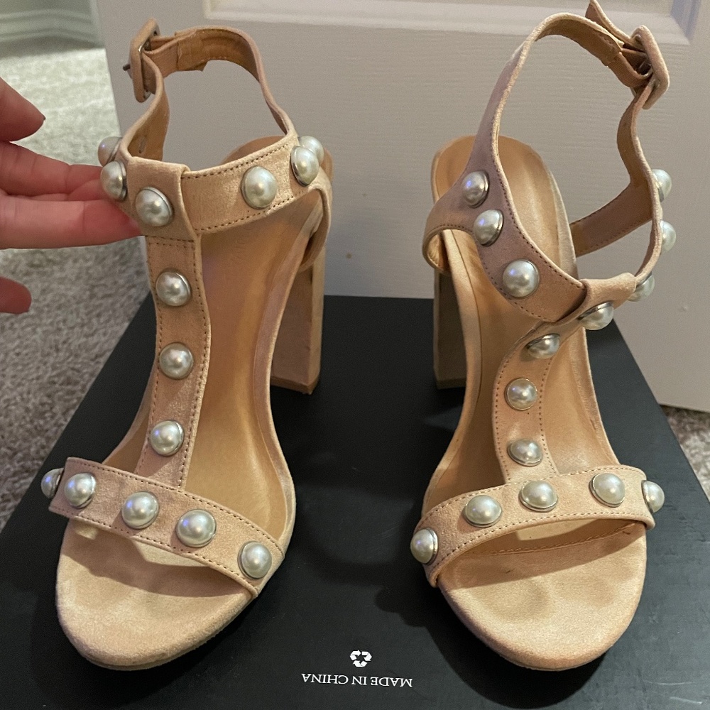 Pearl Studded Faux Suede Heeled Sandals